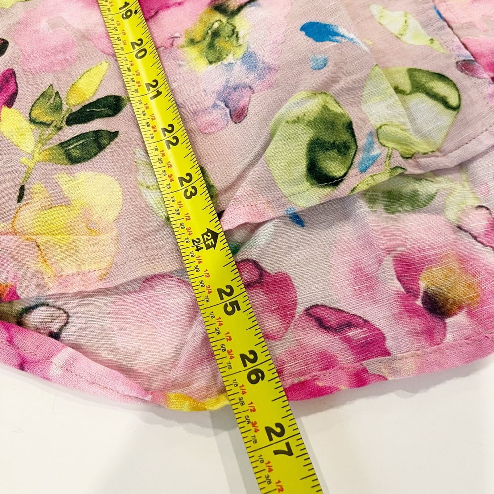 Hester & Orchard Floral Linen Blend Blouse XL Pink Watercolor Ruffle V-Neck Top - Picture 6 of 7